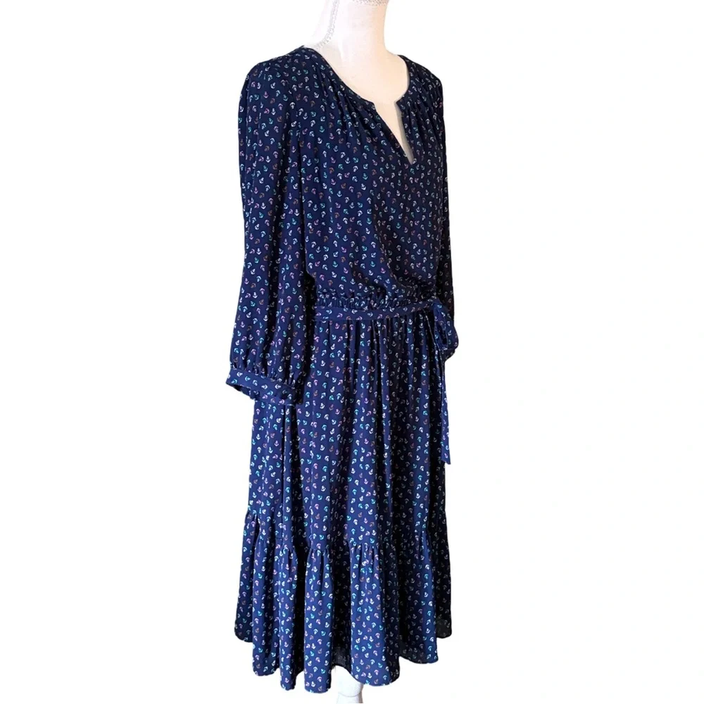 Talbots Navy Blue Henley Cinched Belted Waist Chiffon Nautical Dress Size 10 - Picture 9 of 12